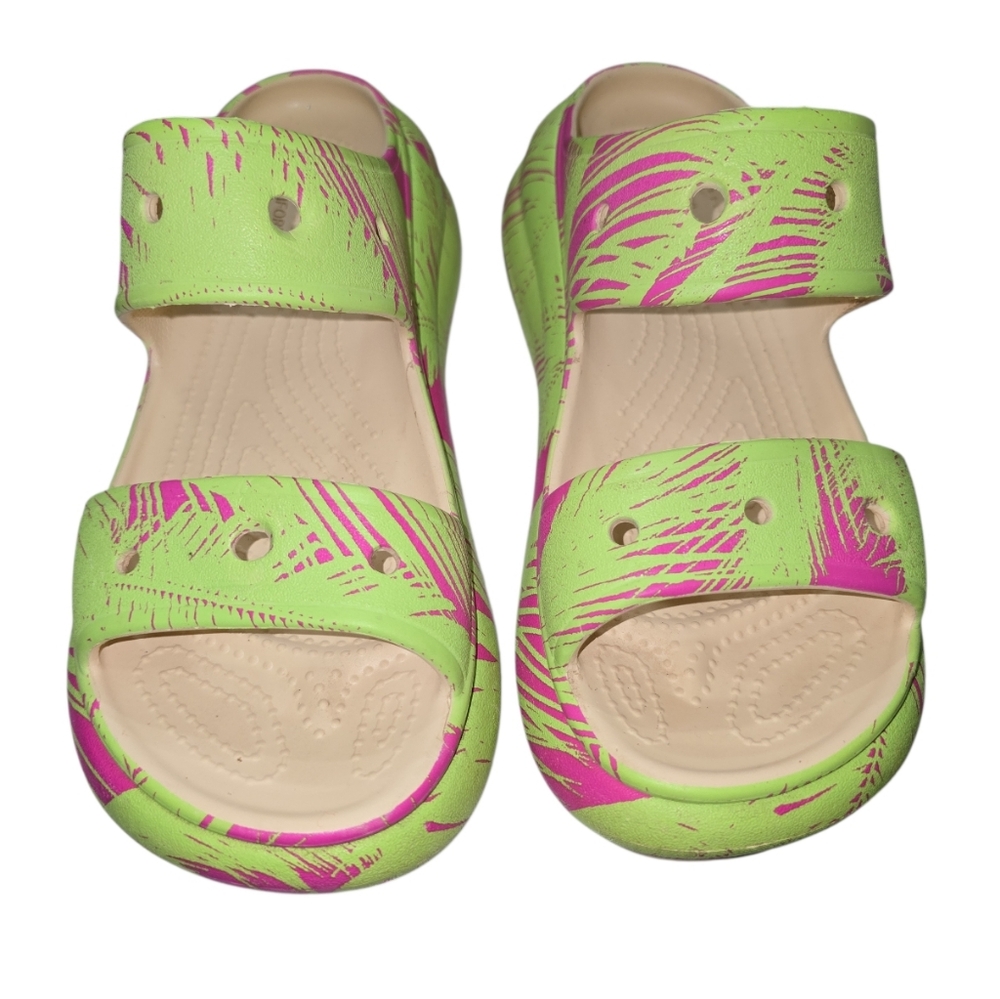 Crocs Crush Sandals Bold Green Pink Print 2 Strap Chunky Platforms 8 Women - Picture 2 of 9